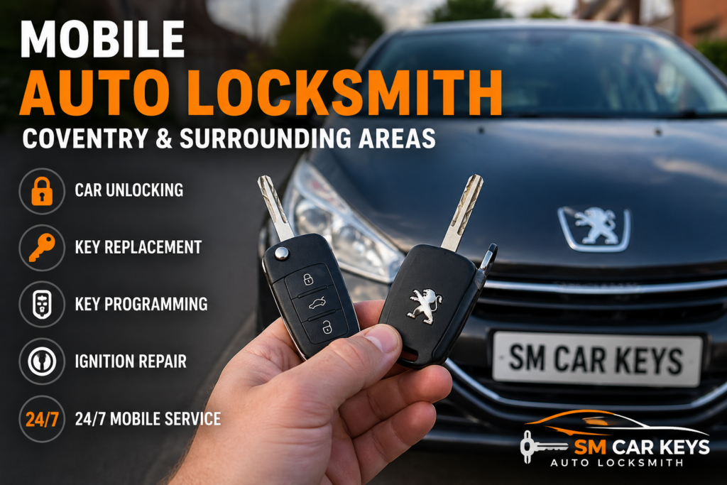 Mobile auto locksmith service in Coventry with Peugeot car keys for key replacement and unlocking