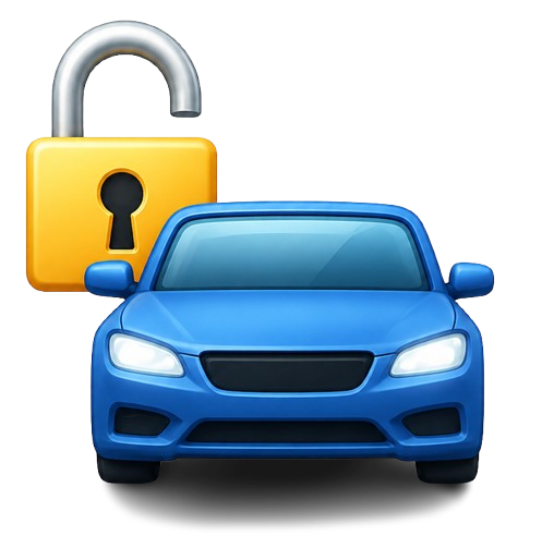 Car unlock service icon with blue car and open padlock