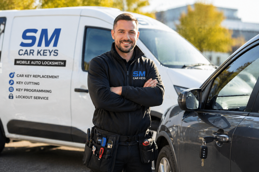 Mobile auto locksmith in Coventry standing by service van ready to assist with car key replacement