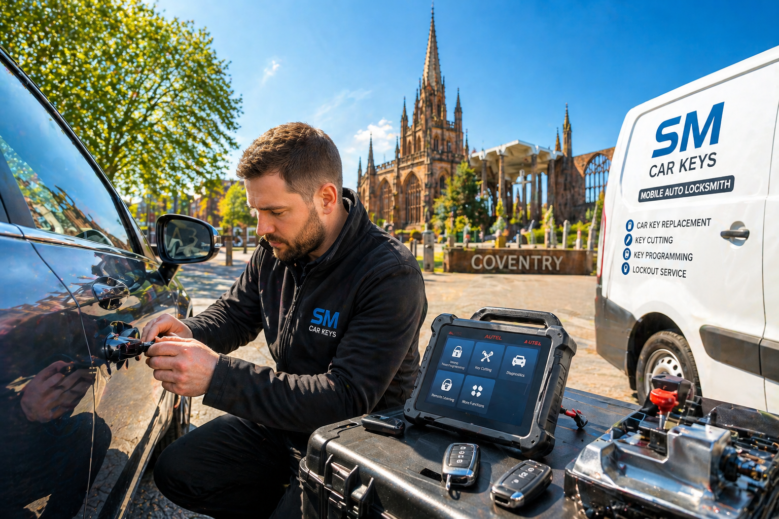 Auto locksmith in Coventry repairing car lock and programming car key on-site