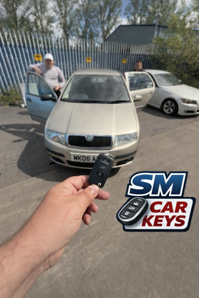New replacement key for Škoda Octavia made by SM Car Keys at police compound in Solihull after vehicle recovery.