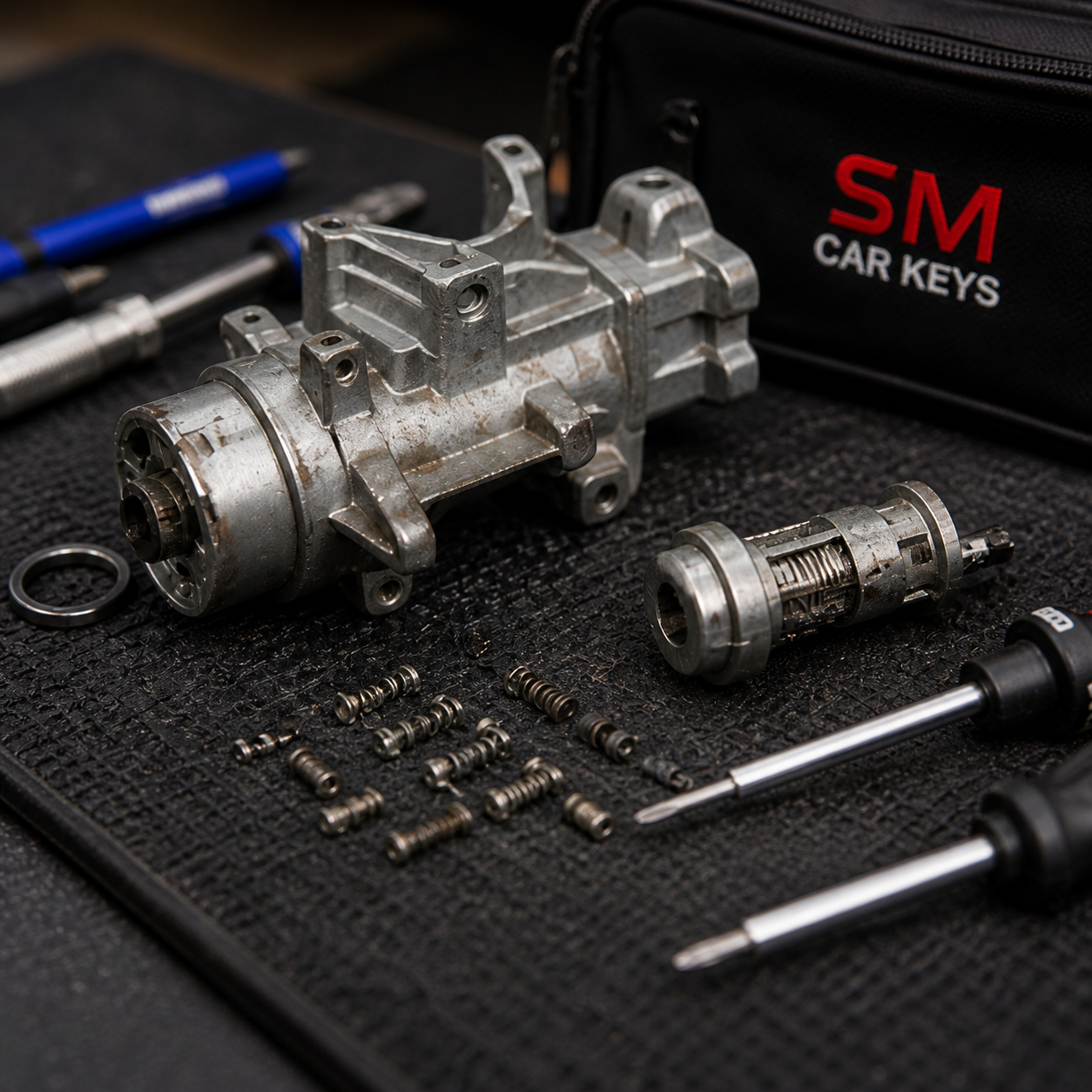 Car ignition lock barrel and cylinder components during repair by a mobile auto locksmith